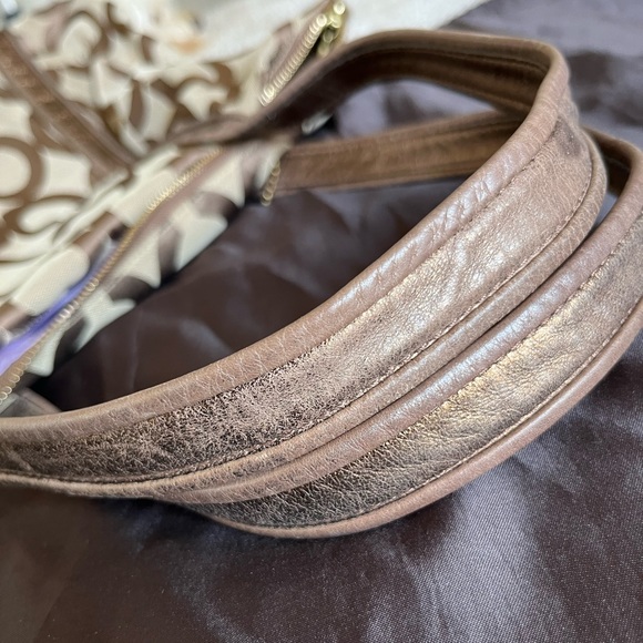 Coach Poppy C op art glam bronze metallic leather brown jacquard canvas tote bag - Picture 14 of 15